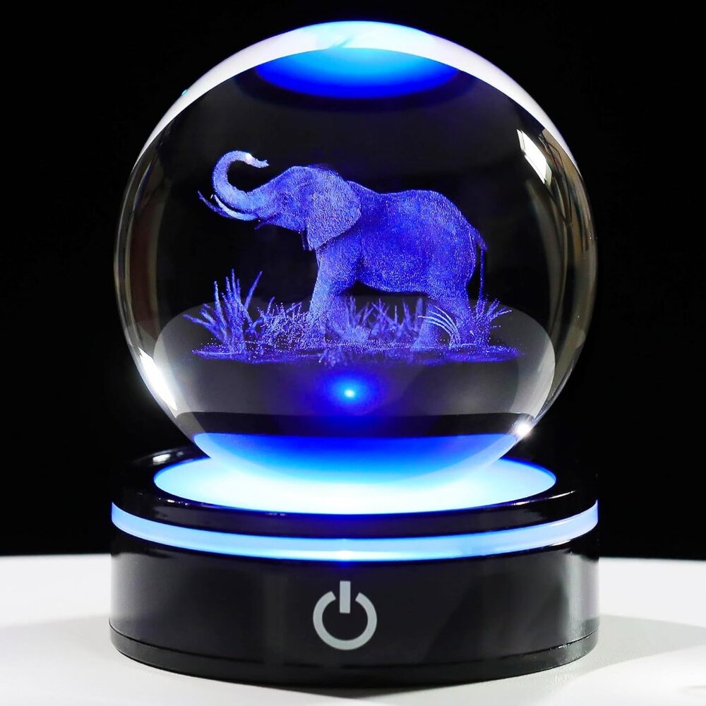 Crystal Elephant 3D Light Sculpture with Blue LED Base and Illuminated Design